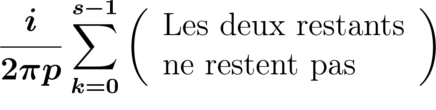 \[
\frac{i}{2\pi p}\sum_{k=0}^{s-1}\left(
\begin{array}{l}
\text{Les deux restants}
\\
\text{ne restent pas}
\end{array}
\right)
\]