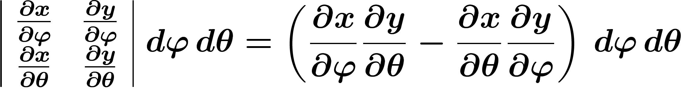 \[
\begin{array}{|cc|}
\frac{\partial x}{\partial \phi}
&
\frac{\partial y}{\partial \phi}
\\
\frac{\partial x}{\partial \theta}
&
\frac{\partial y}{\partial \theta}
\end{array}
\,\,d\phi \,d\theta=\left(
\frac{\partial x}{\partial \phi}
\frac{\partial y}{\partial \theta}
-\frac{\partial x}{\partial \theta}
\frac{\partial y}{\partial \phi}
\right)\,d\phi \,d\theta
\]