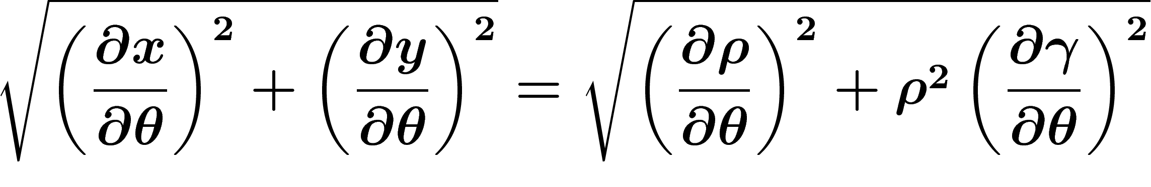 \[
\sqrt{
\left(\frac{\partial x}{\partial \theta}\right)^2
+\left(\frac{\partial y}{\partial \theta}\right)^2
}
=\sqrt{
\left(\frac{\partial \rho}{\partial \theta}\right)^2
+\rho^2\left(\frac{\partial \gamma}{\partial \theta}\right)^2
}
\]