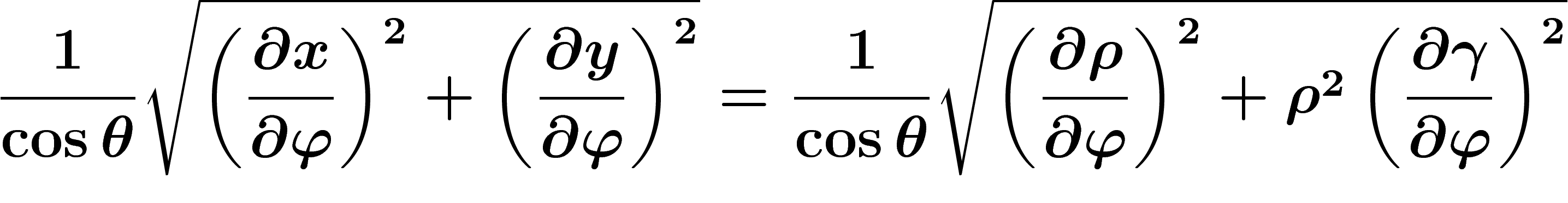 \[
\frac{1}{\cos \theta}
\sqrt{
\left(\frac{\partial x}{\partial \phi}\right)^2
+\left(\frac{\partial y}{\partial \phi}\right)^2
}
=\frac{1}{\cos \theta}
\sqrt{
\left(\frac{\partial \rho}{\partial \phi}\right)^2
+\rho^2\left(\frac{\partial \gamma}{\partial \phi}\right)^2
}
\]