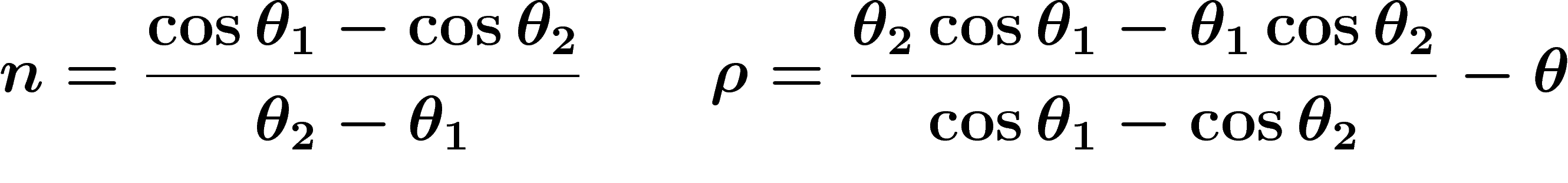 \[
n=\frac{\cos \theta_1-\cos \theta_2}{\theta_2-\theta_1}
\qquad
\rho=\frac{\theta_2\cos\theta_1-\theta_1\cos\theta_2}{\cos\theta_1-\cos\theta_2}-\theta
\]