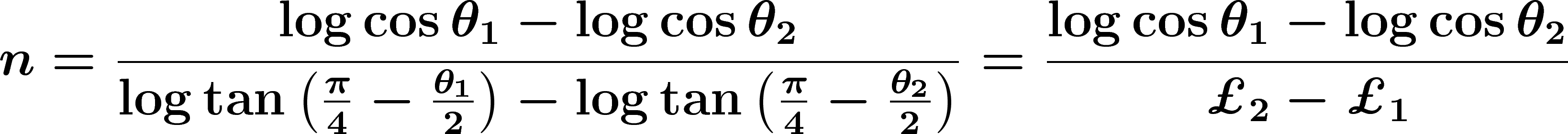 \[
n=\frac{\log \cos \theta_1-\log\cos\theta_2}{
\log\tan\left(\frac{\pi}{4}-\frac{\theta_1}{2}\right)
-\log\tan\left(\frac{\pi}{4}-\frac{\theta_2}{2}\right)
}
=\frac{\log \cos \theta_1-\log\cos\theta_2}{
\pounds_2-\pounds_1}
\]