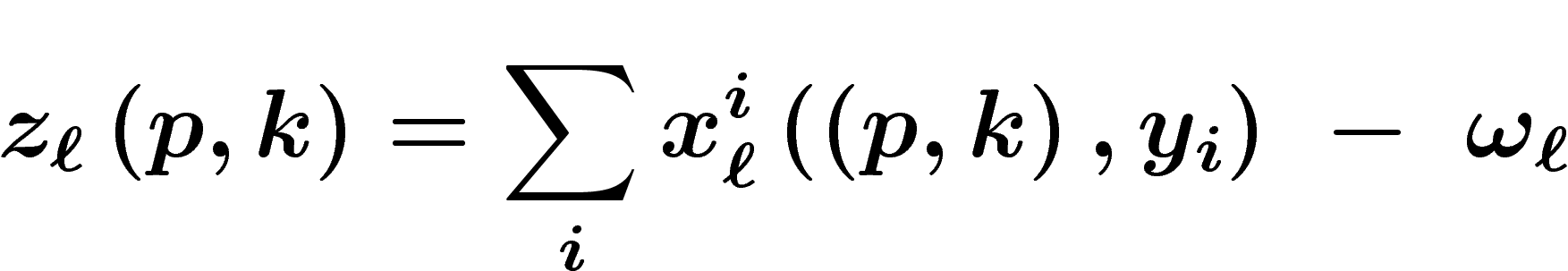 $\displaystyle
z_\ell\left(p,k\right)= \sum_i x^i_\ell\left(\left(p,k\right),y_i\right) \ -\
\omega_\ell$