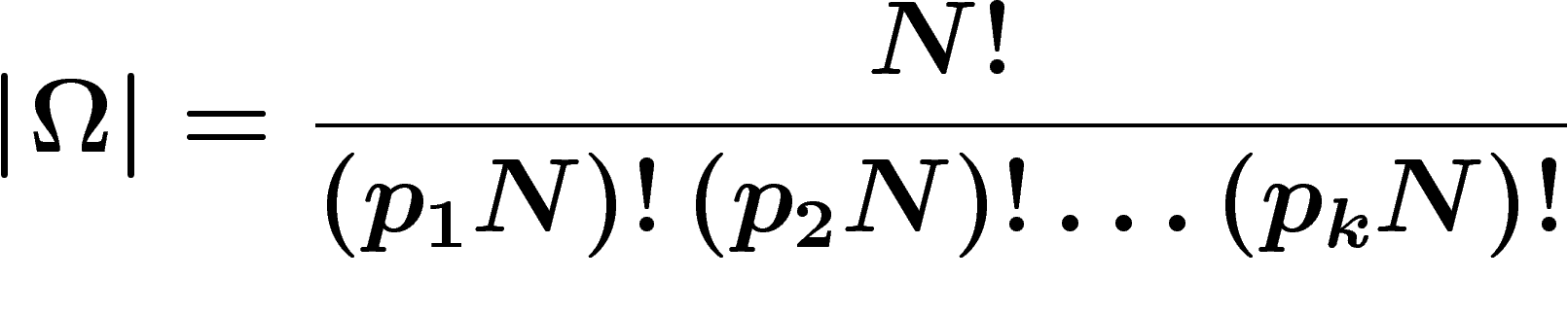 \[
\abs{\Omega}=\frac{N!}{(p_1N)! \,(p_2N)!\ldots (p_kN)!}
\]