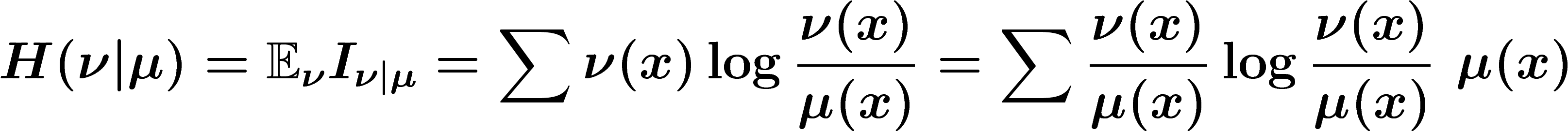 \[
H(\nu|\mu)=\E_\nu I_{\nu|\mu}=\sum \nu(x)\log \frac{\nu(x)}{\mu(x)}=\sum
\frac{\nu(x)}{\mu(x)}\log \frac{\nu(x)}{\mu(x)}\,\, \mu(x)
\]