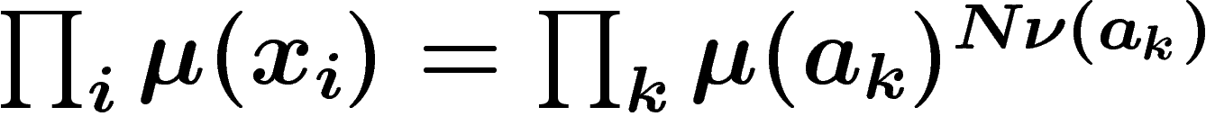 $\prod_i \mu(x_i)=\prod_k
\mu(a_k)^{N\nu(a_k)}$