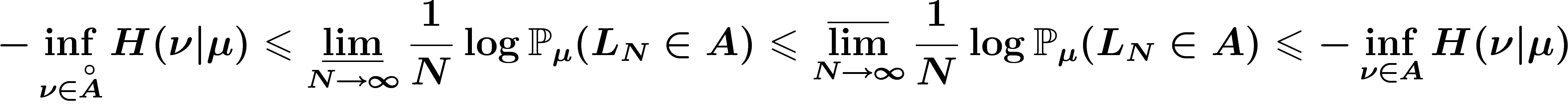 \[
-\inf_{\nu\in \overset{\circ}A}H(\nu|\mu)\leq
\vliminf_{N\rightarrow \infty}\frac 1N \log\P_\mu(L_N\in A)
\leq \vlimsup_{N\rightarrow \infty}\frac 1N \log\P_\mu(L_N\in A)
\leq -\inf_{\nu\in A} H(\nu|\mu)
\]