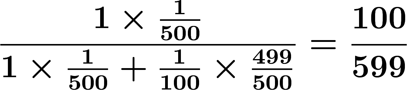 \[
\frac{1\times\frac1{500}}{1\times\frac1{500}+\frac1{100}\times\frac{499}{500}}=\frac{100}{599}
\]