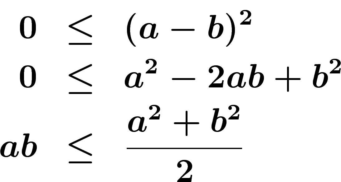 \begin{eqnarray*}
0 & \leq & (a-b)^2
\\
0 & \leq & a^2-2ab+b^2
\\
ab & \leq & \frac{a^2+b^2}{2}
\end{eqnarray*}