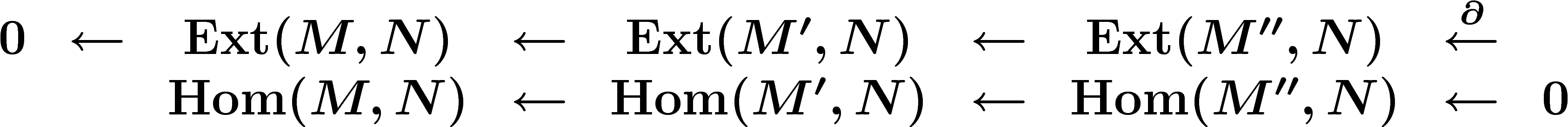 \[\begin{array}{ccccccccc}
0 &\la& \Ext(M,N) &\la& \Ext(M',N) &\la& \Ext(M'',N)
&\stackrel{\d}{\la}&\\
& & \Hom(M,N) &\la& \Hom(M',N) &\la& \Hom(M'',N) &\la& 0
\end{array}\]