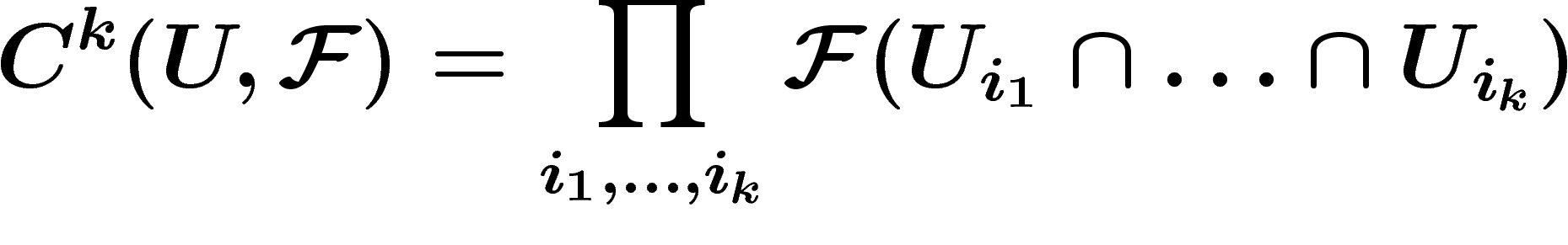 \[
C^k(U,\F)=\prod_{i_1, \ldots, i_k} \F(U_{i_1}\cap\ldots \cap U_{i_k})
\]