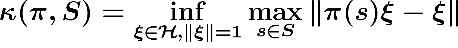 \[
\kappa(\pi,S)=\inf_{\xi\in\H, \norm{\xi}=1} \max_{s\in S}
\norm{\pi(s)\xi-\xi}
\]