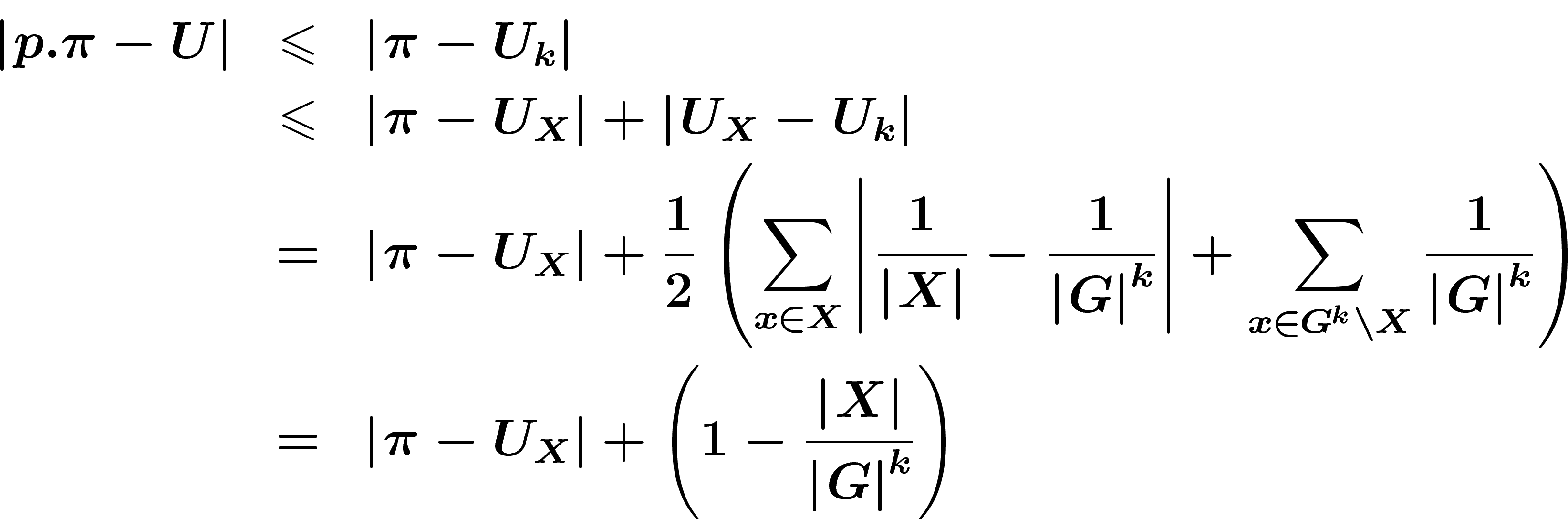 \begin{eqnarray*}
\abs{p.\pi-U}
&\leq&
\abs{\pi-U_k}
\\&\leq&
\abs{\pi-U_X}+\abs{U_X-U_k}
\\&=&
\abs{\pi-U_X}+\frac12 \left(
\sum_{x\in X}\abs{\frac{1}{\abs{X}}-\frac{1}{\abs{G}^k}}
+ \sum_{x\in G^k\setminus X} \frac{1}{\abs{G}^k}\right)
\\&=&
\abs{\pi-U_X}+\left(1-\frac{\abs{X}}{\abs{G}^k}\right)
\end{eqnarray*}