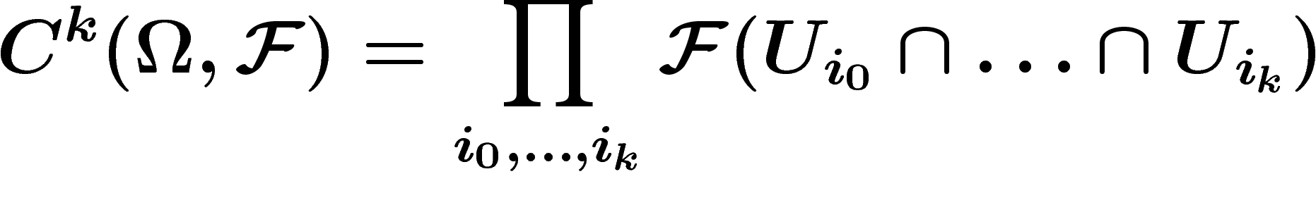 \[
C^k(\Omega,\F)=\prod_{i_0, \ldots, i_k}
\F(U_{i_0}\cap\ldots \cap U_{i_k})
\]