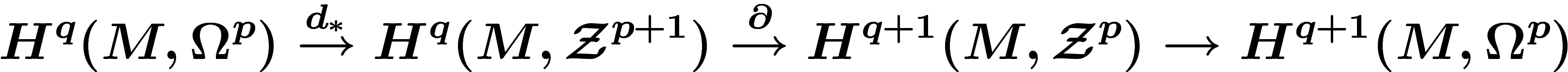 \[
H^q(M,\Omega^p) \stackrel{d_\ast}{\ra} H^q(M,\Zz^{p+1}) \stackrel{\d}{\ra}
H^{q+1}(M,\Zz^p) \ra H^{q+1}(M,\Omega^p)
\]