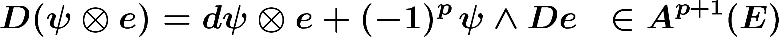 \[
D(\psi \otimes e) = d\psi \otimes e + (-1)^p\, \psi \wedge De \ \ \in
A^{p+1}(E)
\]