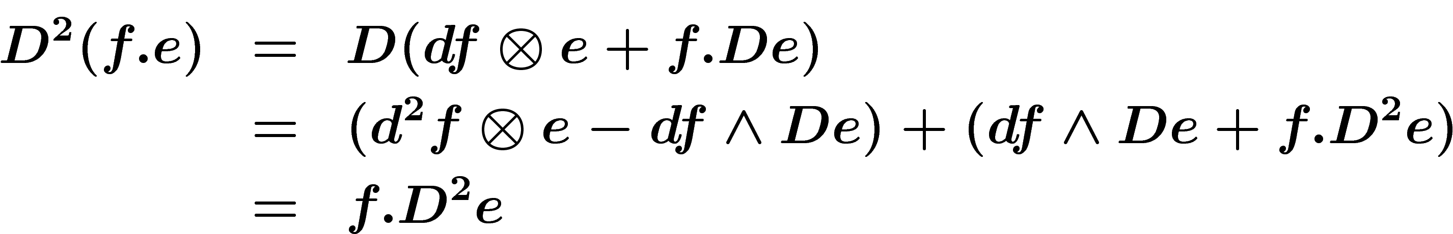 \begin{eqnarray*}
D^2(f.e)&=&D(df\otimes e + f.De)
\\&=&
(d^2f\otimes e -df\wedge De) + (df\wedge De + f.D^2e)
\\&=&
f.D^2e
\end{eqnarray*}