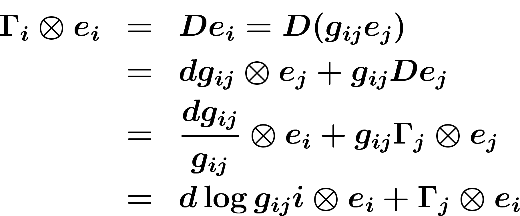 \begin{eqnarray*}
\Gamma_i \otimes e_i&=&
De_i=D(g_{ij}e_j)
\\&=&
dg_{ij}\otimes e_j+g_{ij}De_j
\\&=&
\frac{dg_{ij}}{g_{ij}}\otimes e_i + g_{ij} \Gamma_j\otimes e_j
\\&=&
d\log g_{ij}i\otimes e_i +\Gamma_j \otimes e_i
\end{eqnarray*}